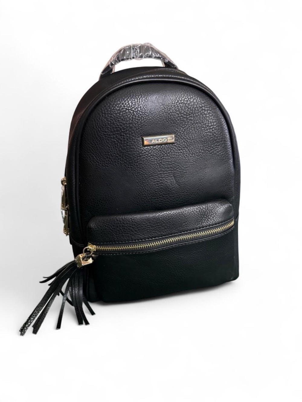 ALDO Black Pebbled Faux Leather Mini Backpack with Tassel